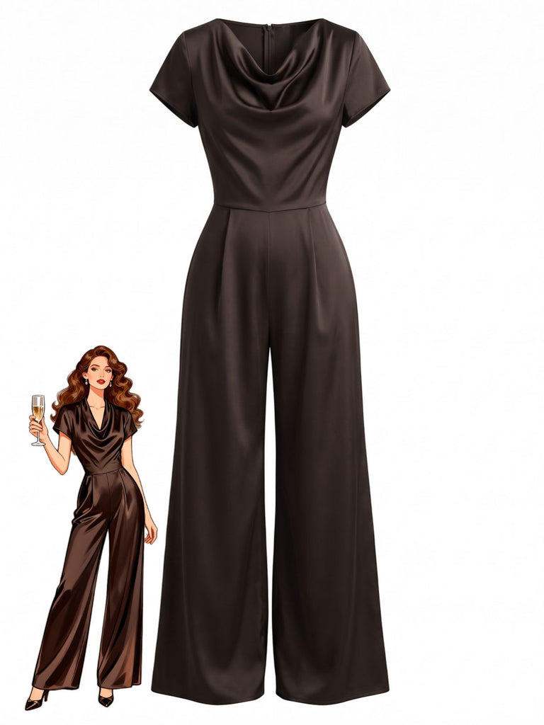 Brauner 50er Satin-Jumpsuit mit Wasserfallausschnitt und weitem Bein
