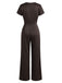 Brauner 50er Satin-Jumpsuit mit Wasserfallausschnitt und weitem Bein