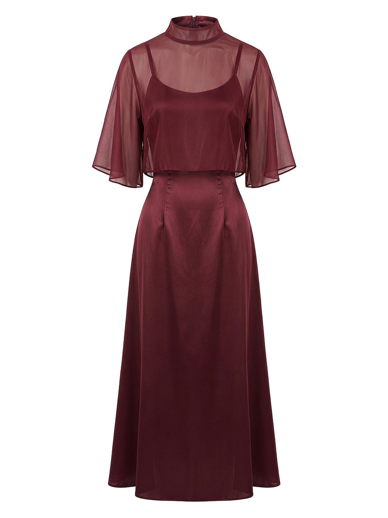 Weinrotes 40er Satin-Slipkleid & Schal