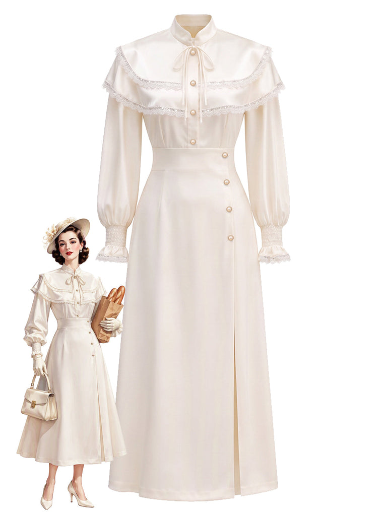 Beige 70er Kleid mit Cape-Effekt und Ballonärmeln