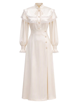 Beige 70er Kleid mit Cape-Effekt und Ballonärmeln