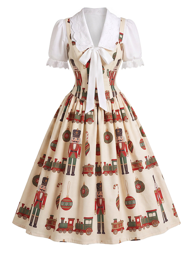 50er Weihnachts-Swingkleid mit Nussknackerprint und Wellenkragen
