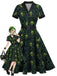 Grünes & Schwarzes 50er Halloween Swingkleid mit Skelett