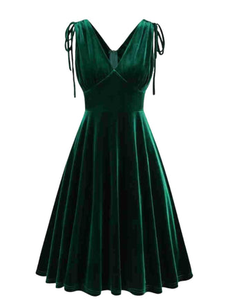 60er Samtkleid mit V-Ausschnitt und Schleifenträgern
