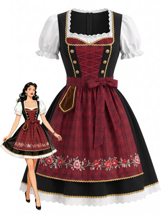 50er Oktoberfest-Dirndlset mit Puffärmeln und Blumen-Karo-Schürze