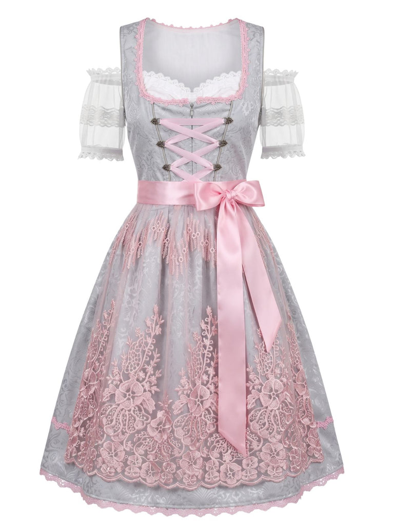 Rosa 50er Oktoberfest-Dirndl-Set mit Spitzen-Croptop und Blumenschürze