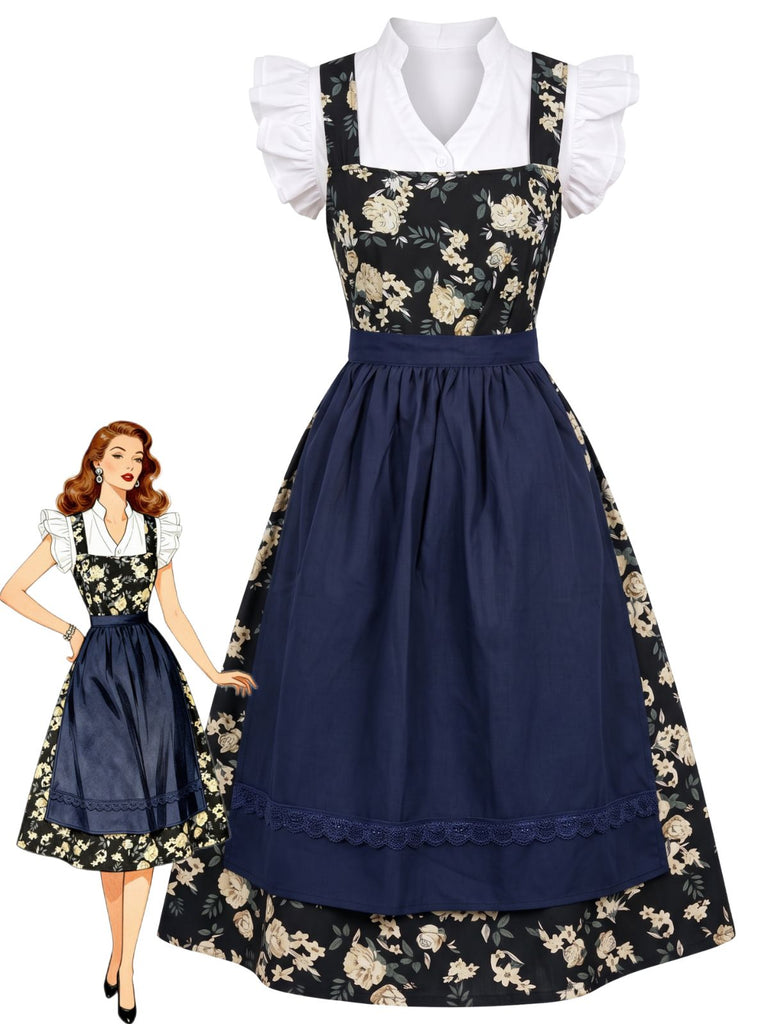 50er Oktoberfest-Dirndlset aus Rüschen-Croptop, Blumenkleid, Schürze