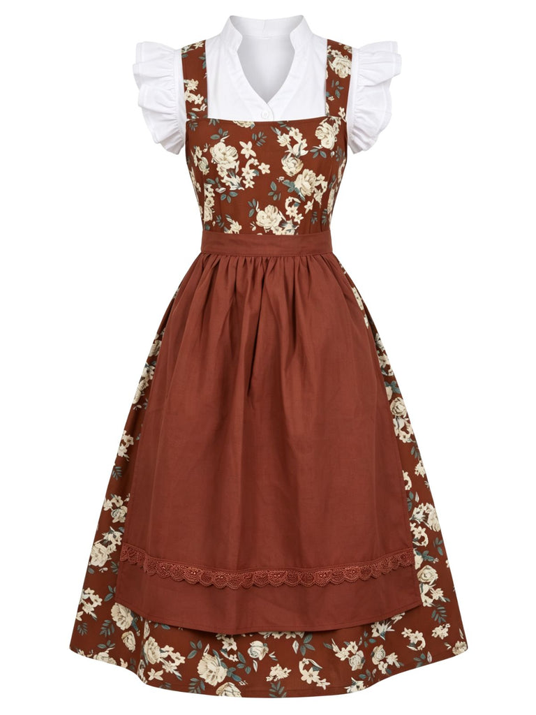 50er Oktoberfest-Dirndlset aus Rüschen-Croptop, Blumenkleid, Schürze
