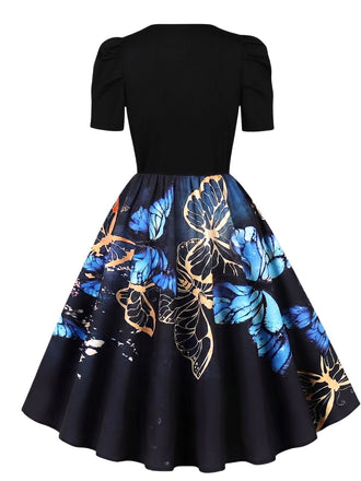 40er Kleid mit Schmetterlings-Print und Puffärmeln