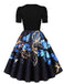 40er Kleid mit Schmetterlings-Print und Puffärmeln
