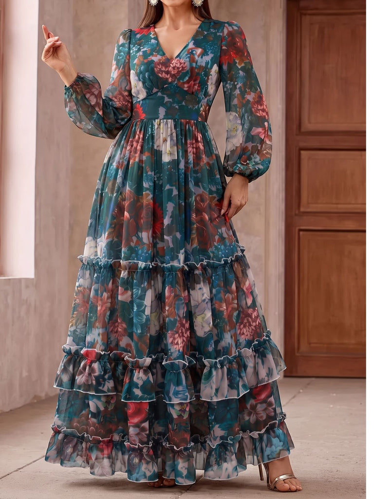 30er geblümtes Stufen-Maxikleid mit V-Ausschnitt und Langarm