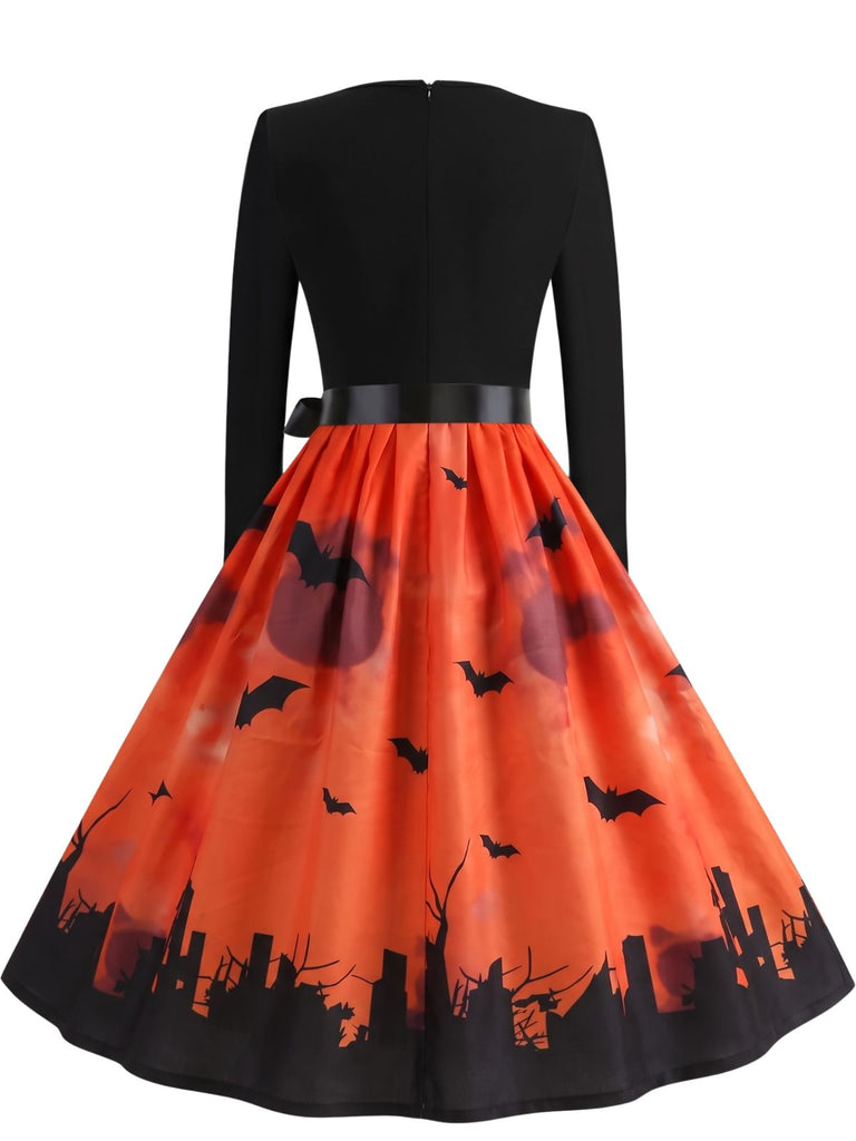 40er Halloween Swingkleid mit Kürbis und Blütenkragen