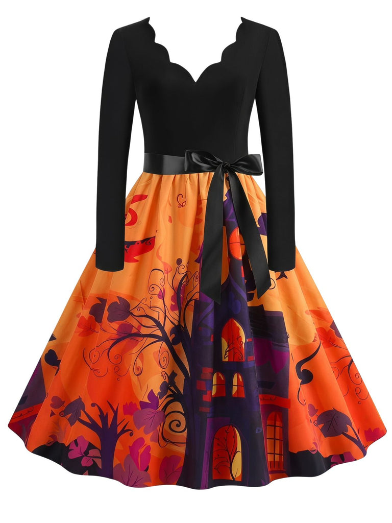 40er Halloween Swingkleid mit Kürbis und Blütenkragen