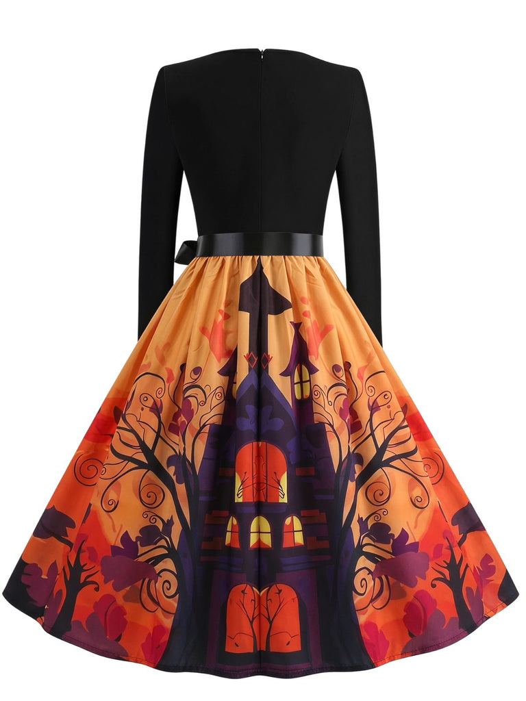 40er Halloween Swingkleid mit Kürbis und Blütenkragen