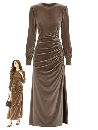 70er Langarm-Samtkleid mit Raffung und Schlitz