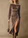 70er Langarm-Samtkleid mit Raffung und Schlitz