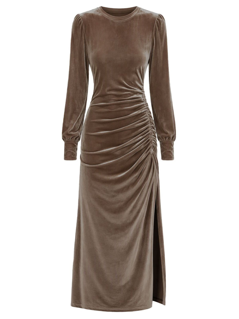 70er Langarm-Samtkleid mit Raffung und Schlitz