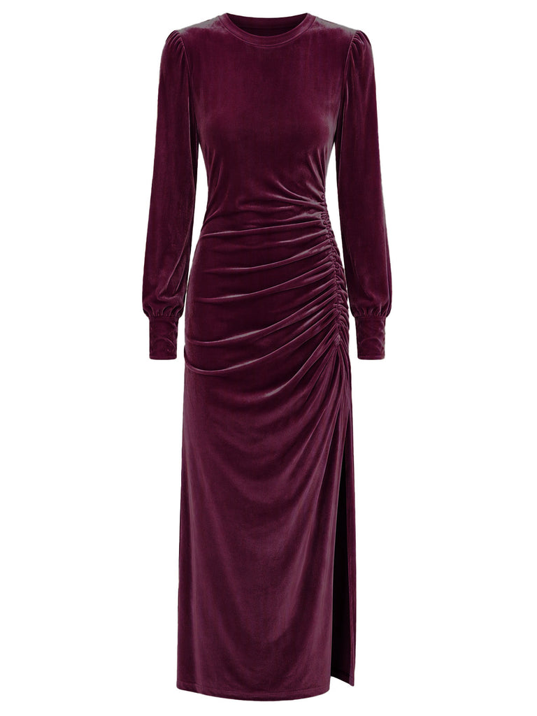 70er Langarm-Samtkleid mit Raffung und Schlitz