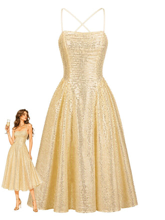 Goldenes 50er Pailletten-Midikleid mit Spaghettiträgern