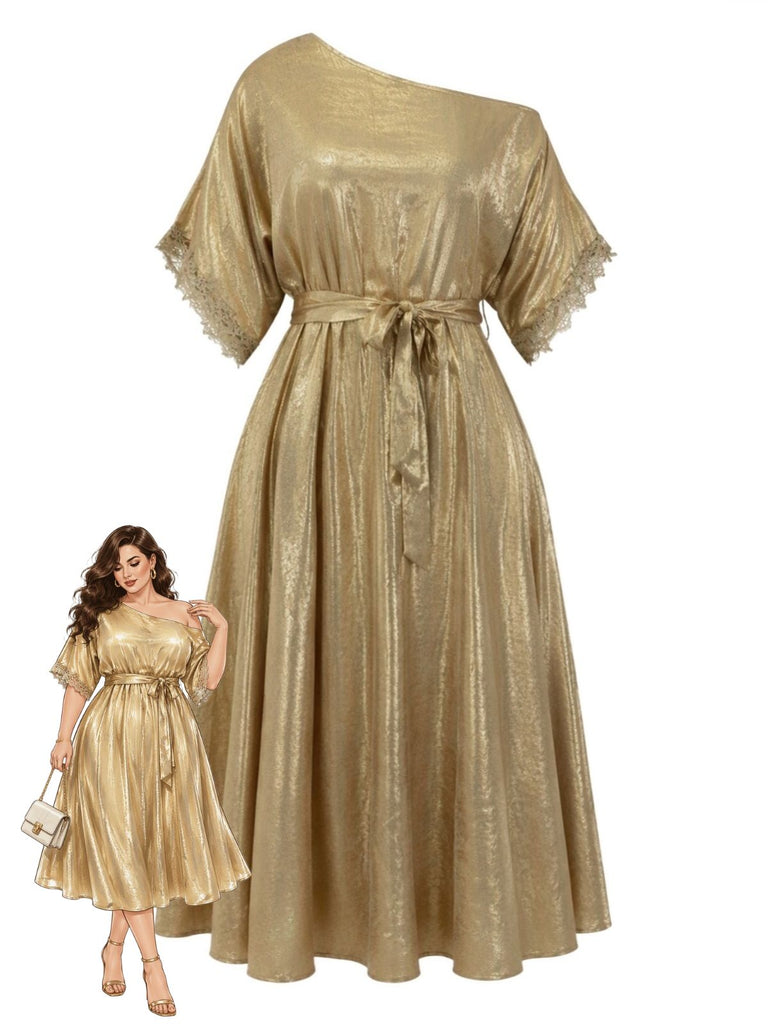 [Übergröße] Goldenes 50er Kleid mit schrägem Ausschnitt und Spitzenbesatz