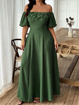 [Übergröße] Dunkelgrünes 50er Carmenkleid mit Blütenapplikationen