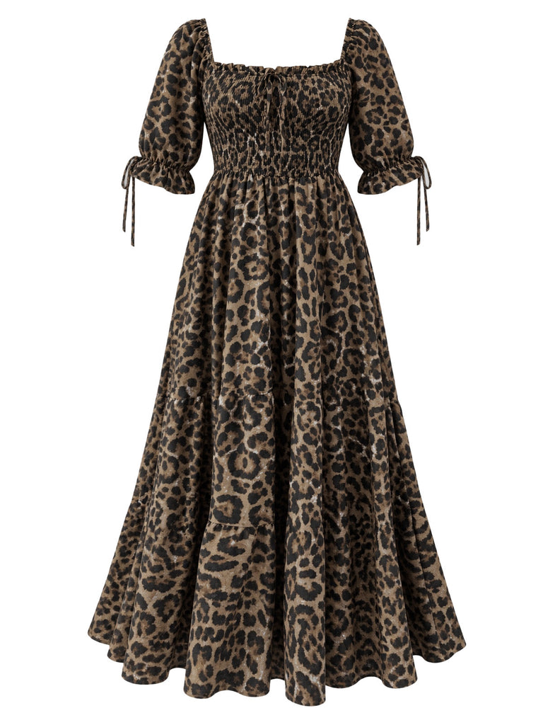 [Übergröße] Braunes 70er gesmocktes Maxikleid mit Leopardenprint und Karreeausschnitt