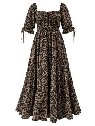 [Übergröße] Braunes 70er gesmocktes Maxikleid mit Leopardenprint und Karreeausschnitt