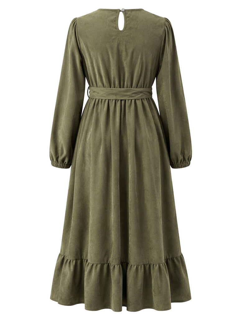 [Übergröße] Olivgrünes 50er Midikleid mit Ballonärmeln und Bindegürtel