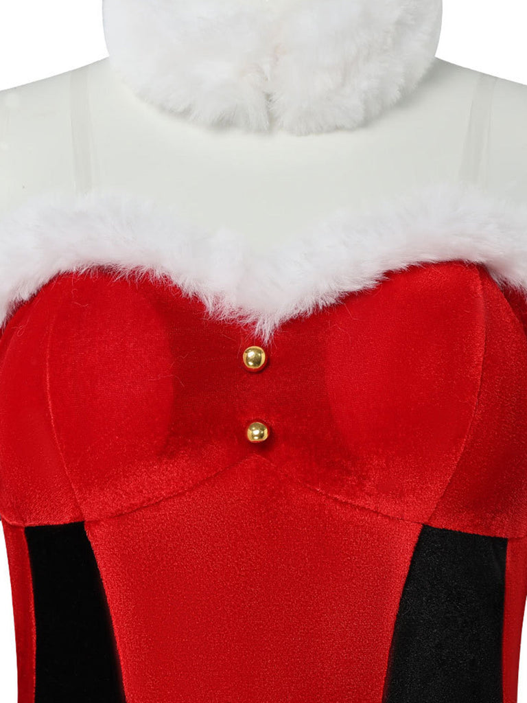 Rotes 50er Weihnachts-Samtkleid mit Fellbesatz und Schneeflocken