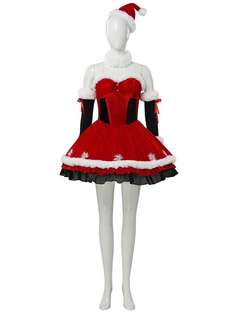 Rotes 50er Weihnachts-Samtkleid mit Fellbesatz und Schneeflocken