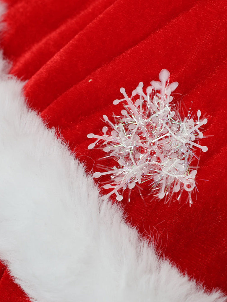 Rotes 50er Weihnachts-Samtkleid mit Fellbesatz und Schneeflocken