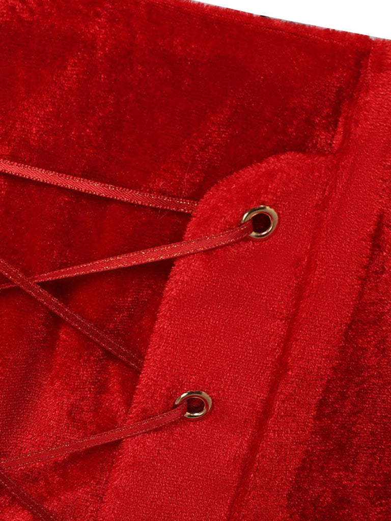 Rotes 50er Weihnachts-Samtkleid mit Fellbesatz und Schneeflocken