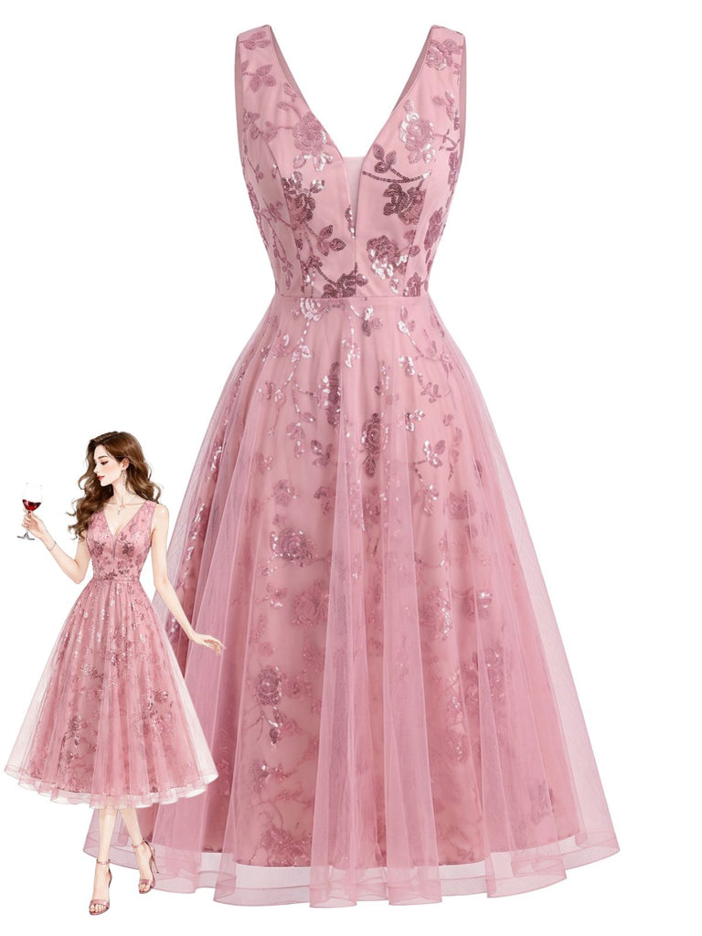 Rosa 50er Tüllkleid mit floraler Paillettenstickerei