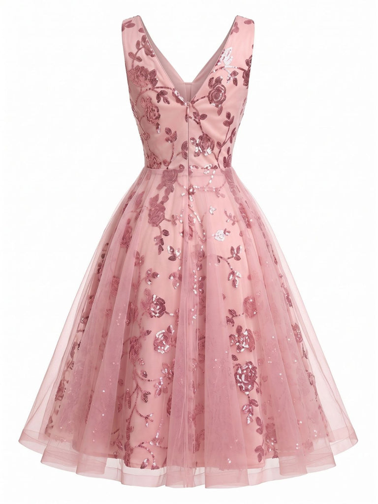 Rosa 50er Tüllkleid mit floraler Paillettenstickerei