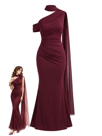30er Meerjungfrauen-Abendkleid mit asymmetrischem Ausschnitt, Raffung und Schal-Detail