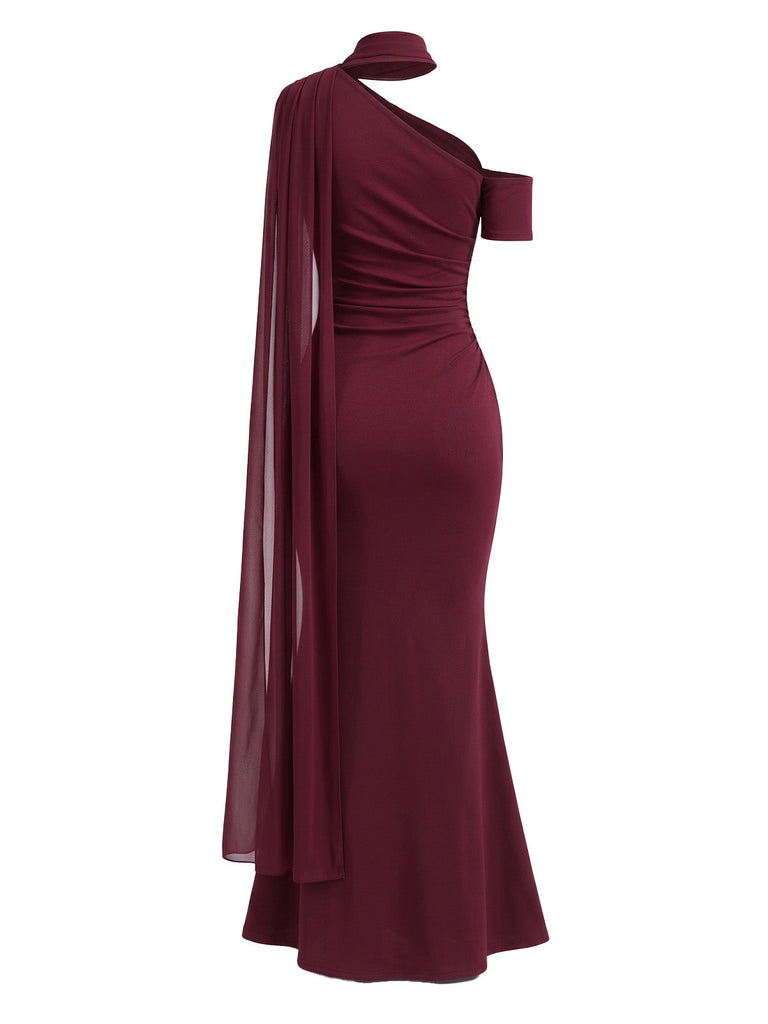 30er Meerjungfrauen-Abendkleid mit asymmetrischem Ausschnitt, Raffung und Schal-Detail