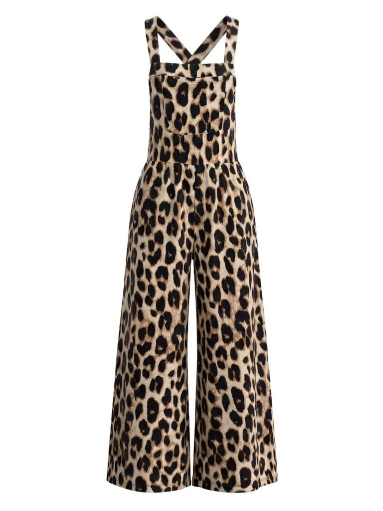 Brauner 50er Western-Jumpsuit mit Leoprint und weitem Bein