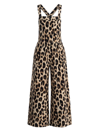 Brauner 50er Western-Jumpsuit mit Leoprint und weitem Bein