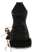 60er Pailletten-Minikleid mit Neckholder und Federsaum