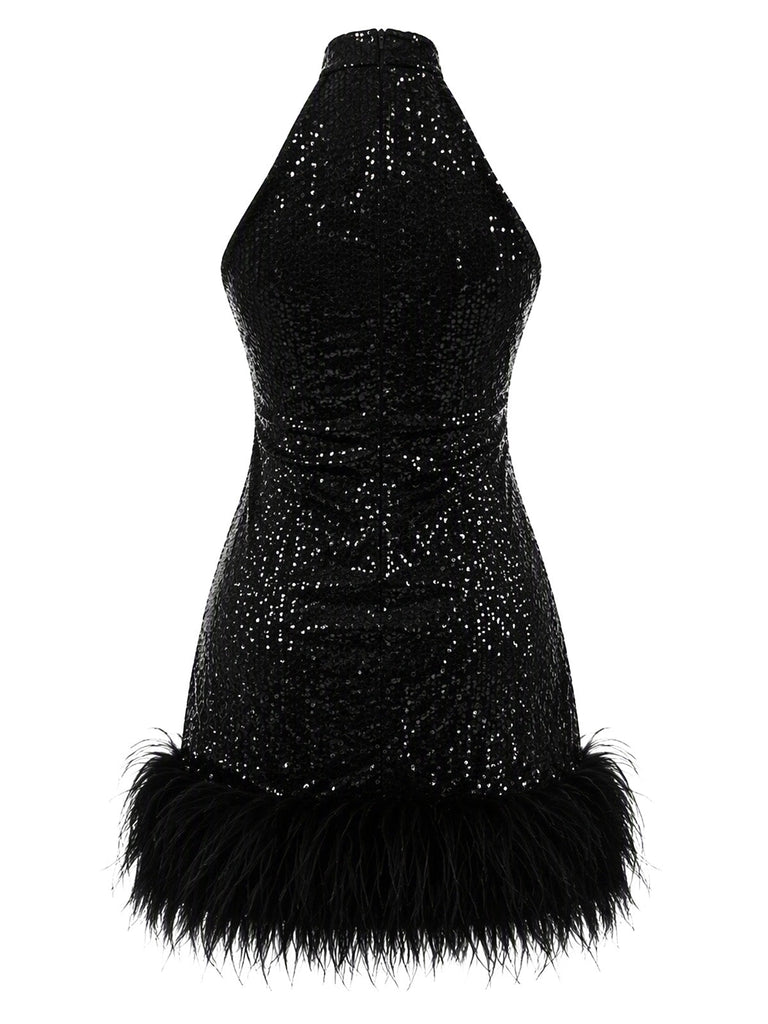 60er Pailletten-Minikleid mit Neckholder und Federsaum