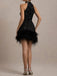 60er Pailletten-Minikleid mit Neckholder und Federsaum