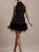 60er Pailletten-Minikleid mit Neckholder und Federsaum