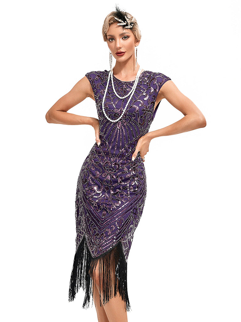 20er Gatsby-Kleid mit Pailletten, Fransen und Kappenärmeln