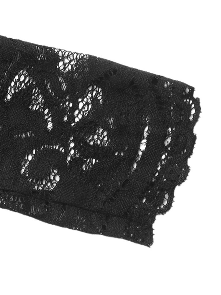 Schwarzer 50er Langarm-Overall mit weitem Bein und V-Ausschnitt im Spitzenbereich