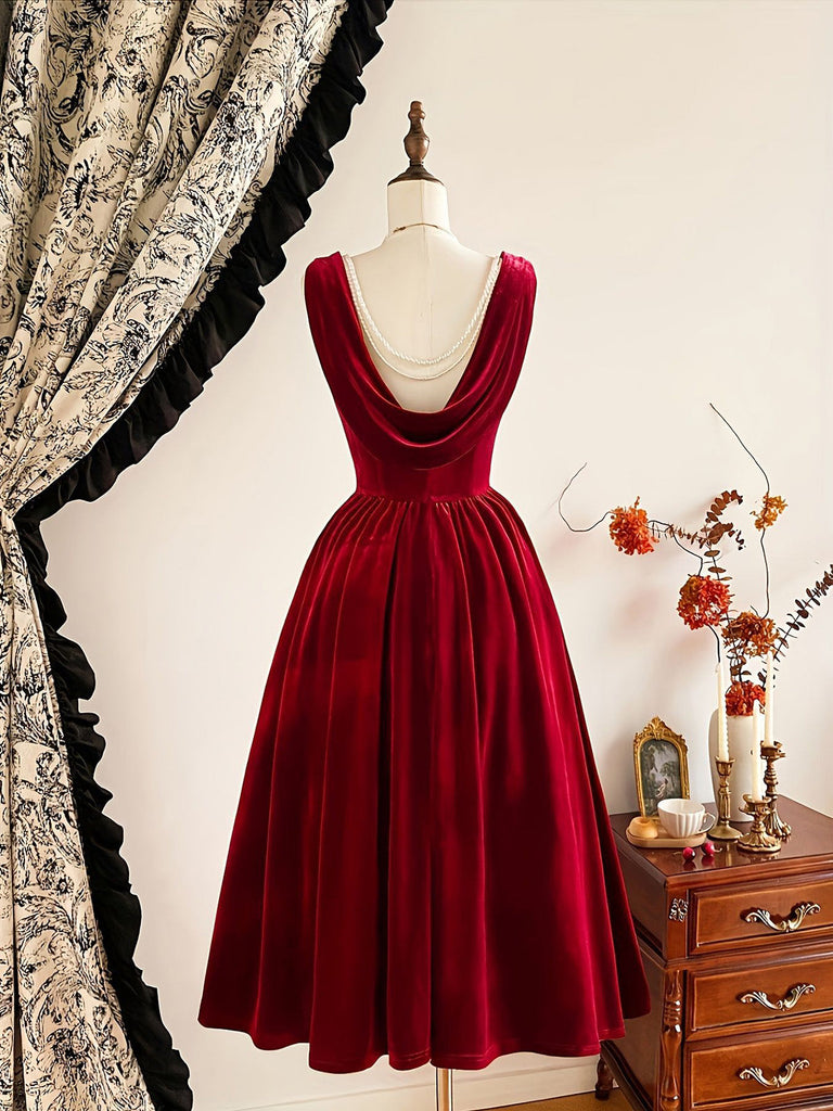 Rotes ärmelloses 50er Samtkleid mit Wasserfallrücken
