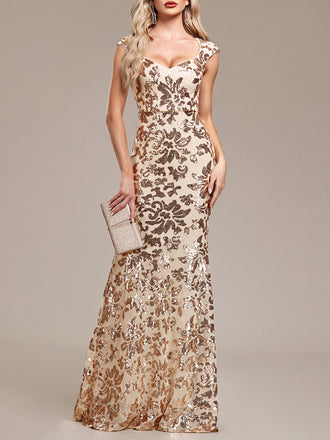 Goldenes 20er Meerjungfrauenkleid mit Blumenpailletten und Kappärmeln