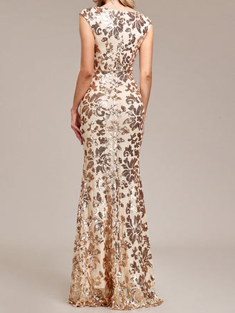 Goldenes 20er Meerjungfrauenkleid mit Blumenpailletten und Kappärmeln