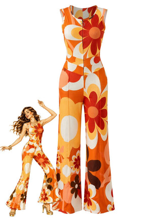 Orange 60er ärmelloser Blumen-Jumpsuit mit Herz-Cut-out am Rücken