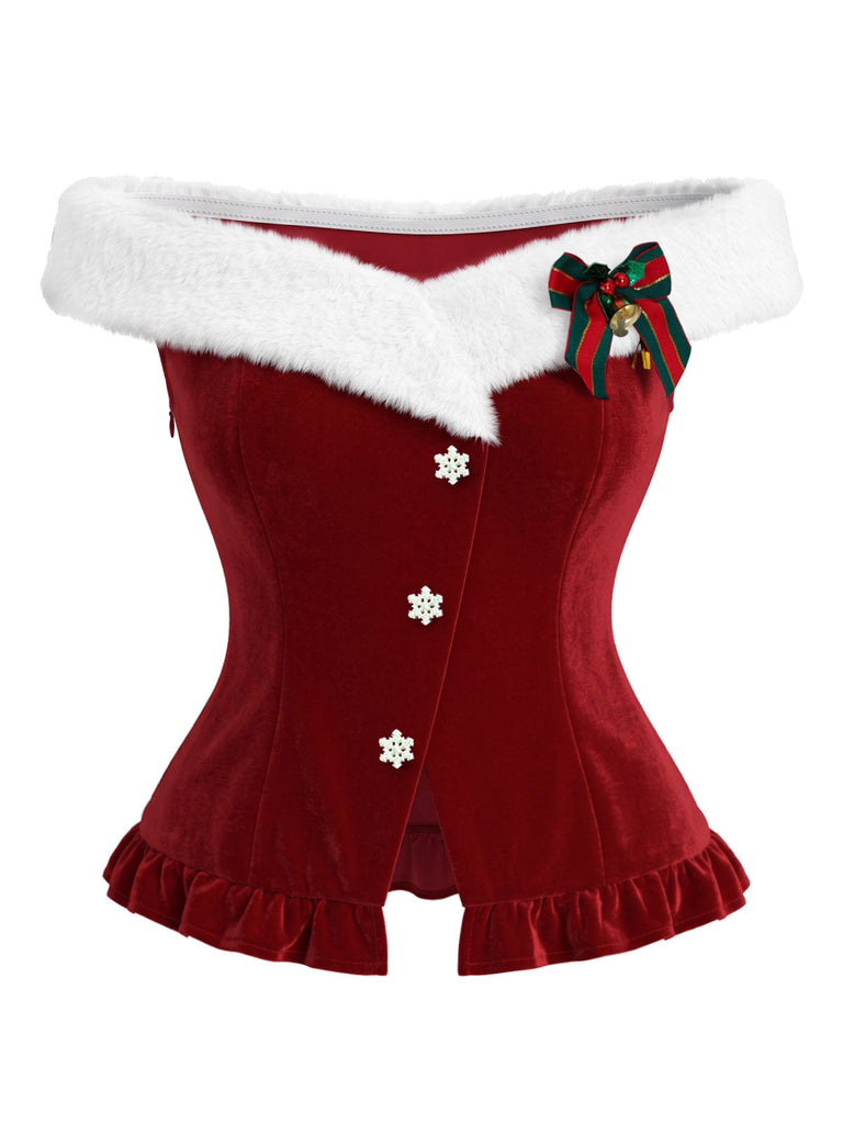 50er Weihnachtsset aus schulterfreiem Top mit Flauschbesatz und Schneeflocken-Meshrock