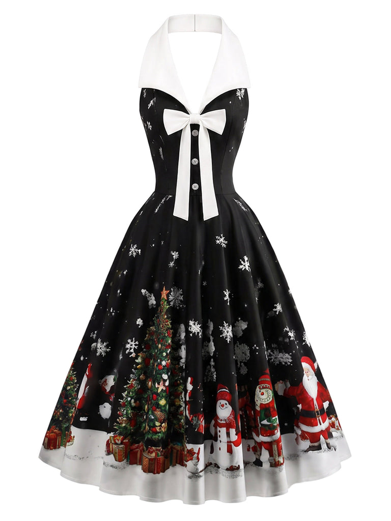 Schwarzes 50er Weihnachts-Swingkleid mit Neckholder und Schleife